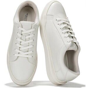 Men's Faux Leather White Lightweight Non Slip Laced-Up Casual Fashion Sneakers